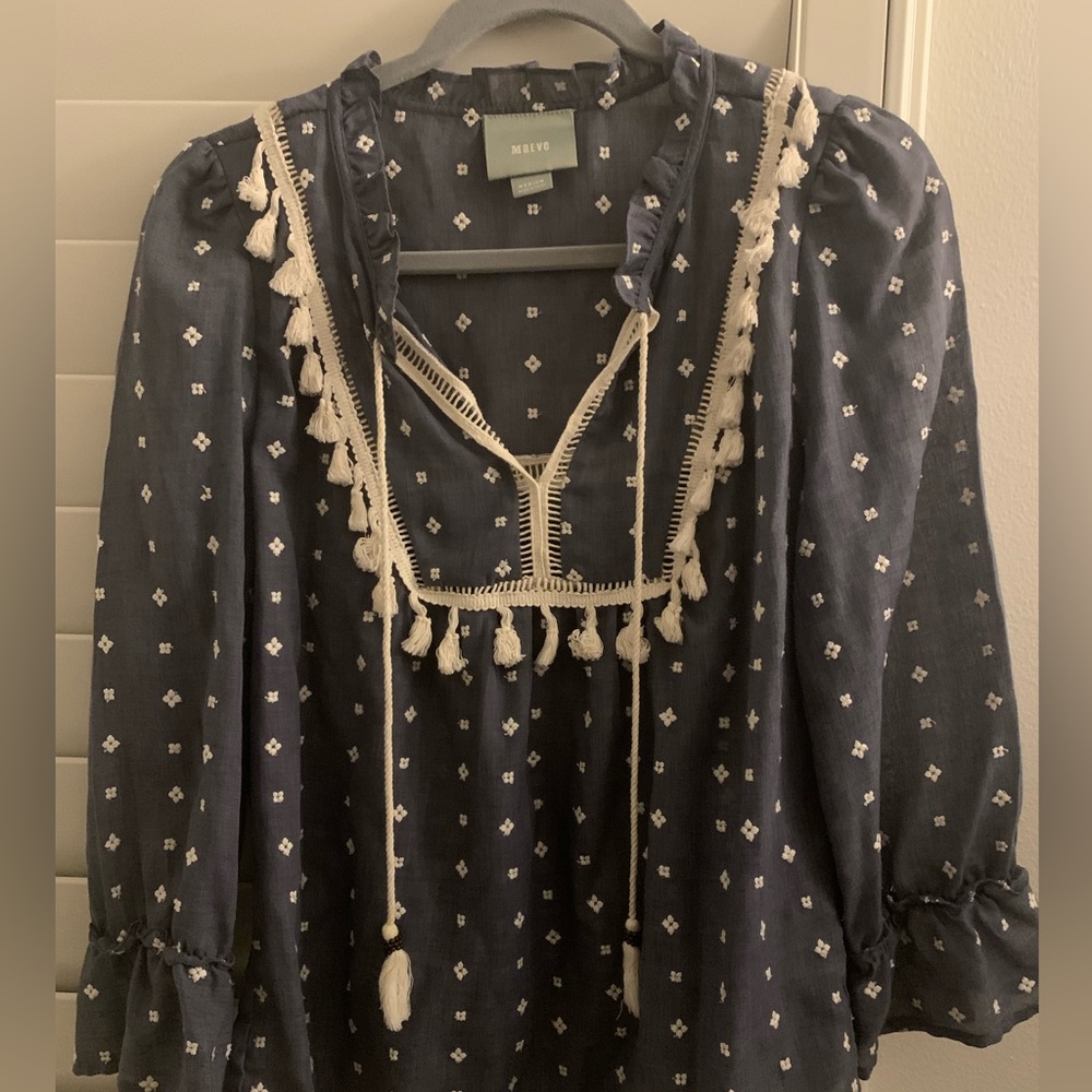 Anthropologie Maeve Light Chambray Color Tassel Blouse